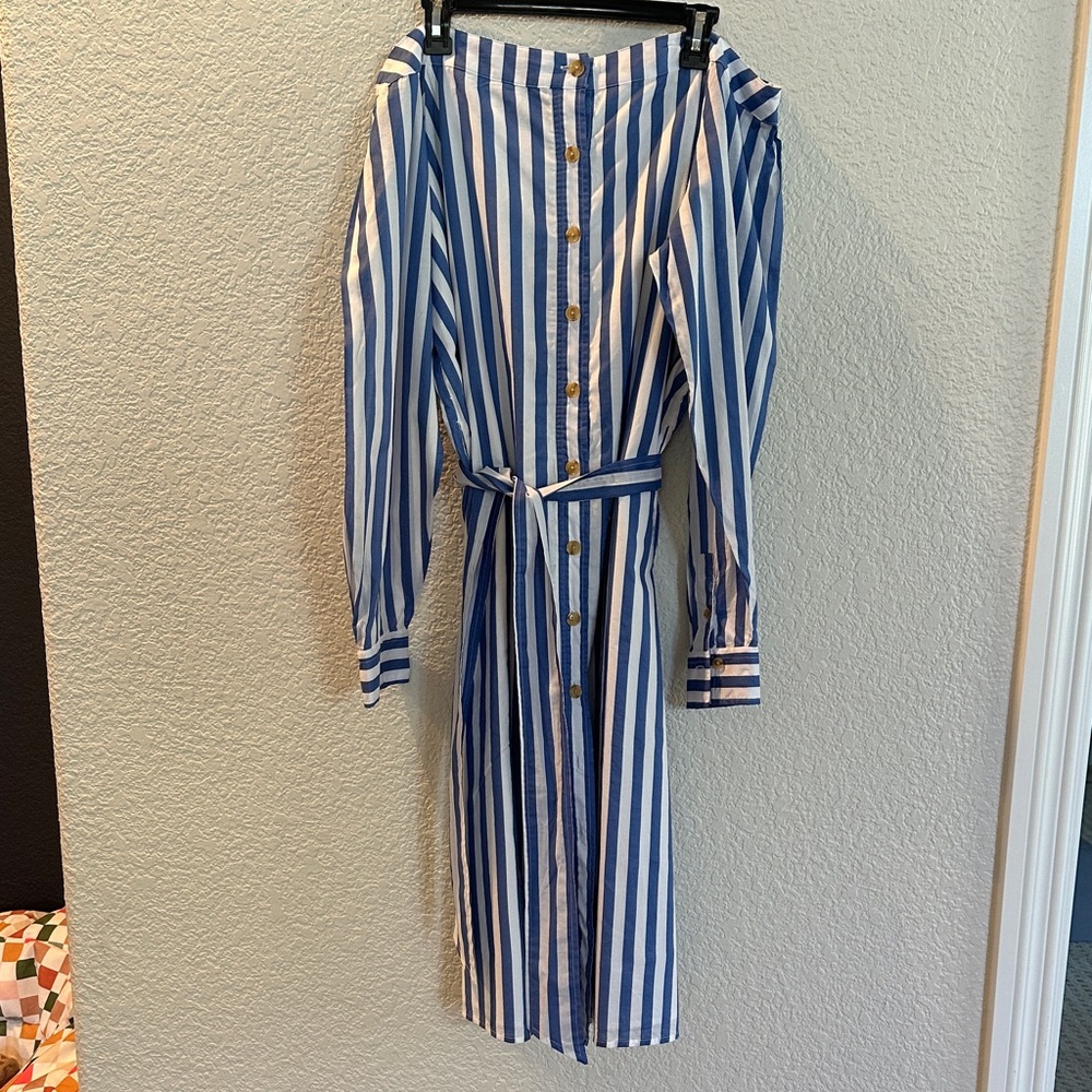 Banana Republic Blue and White Striped Midi Shirt Dress with Tie Belt